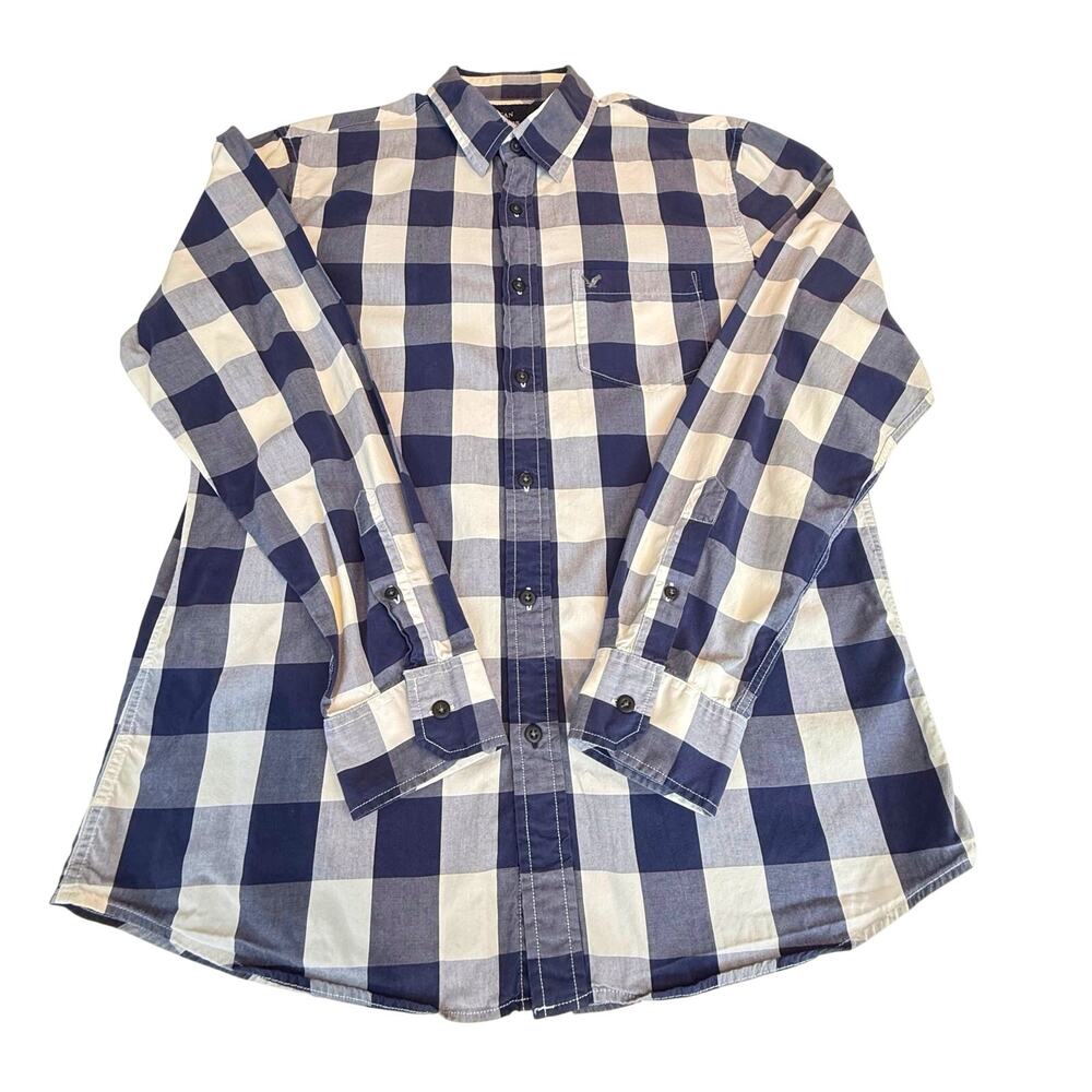 Men's American Eagle Vintage Fit Blue White Buffalo Plaid Shirt Long Sleeve - Picture 2 of 16